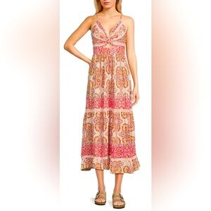 *NWT* Angie Floral Border Print V-Neck Open Knot Front Maxi Dress, Size M